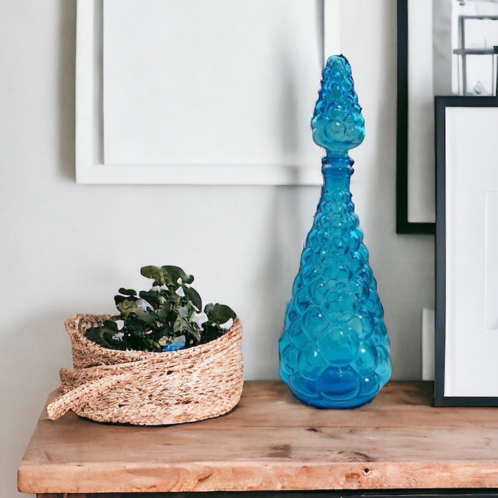 Vintage 60’s Empoli Azure Blue Bubble Glass Decanter / Genie Bottle & Stopper